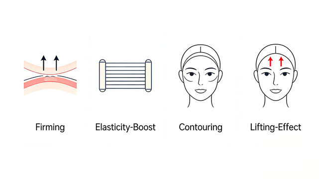 Skin lifting, elastic strips, and facial icons represent the effectiveness of firming skincare products in lifting, enhancing elasticity, and shaping facial contours.
