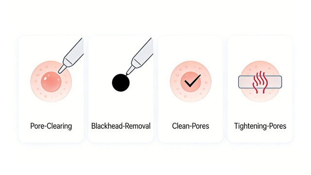 Pores, blackheads, and checkmark icons represent the deep cleansing effect of cleansing skincare products on pores, removing blackheads, and tightening pores.
