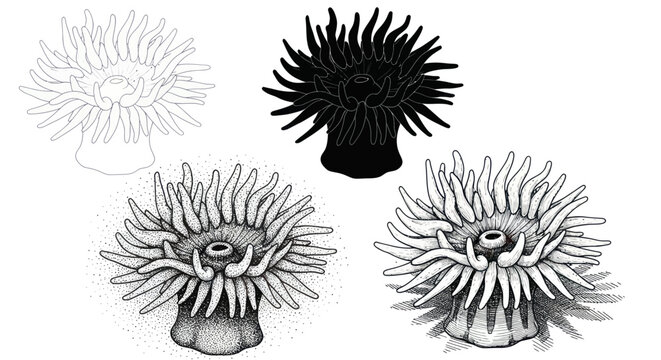 Sea Anemone Illustrations: Outline, Silhouette, and Detailed Drawings