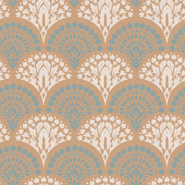 Boho Decorative Fan Ornament Seamless Pattern. Elegant repeating fan shaped ornaments arranged in a delicate symmetrical layout. Great for fabric, wallpaper, home decor, and bohemian inspi