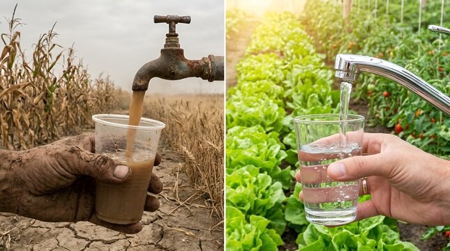 A split-screen image contrasting access to clean and dirty water in different environments