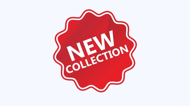 Red starburst sticker to promote new collection, ideal for website banners, social media posts, and promotional materials.