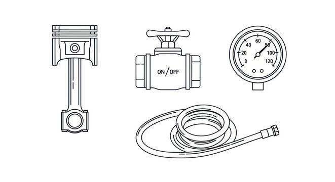 Automotive Engine Parts & Tools: Piston, Valve, Pressure Gauge, Hose