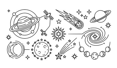 Hand drawn space elements vector set with planets galaxy comet moon and stars illustration © Shakib