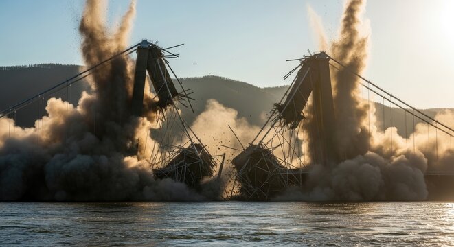 Dramatic Demolition - Bridge Collapse into Water, Dust and Debris.
