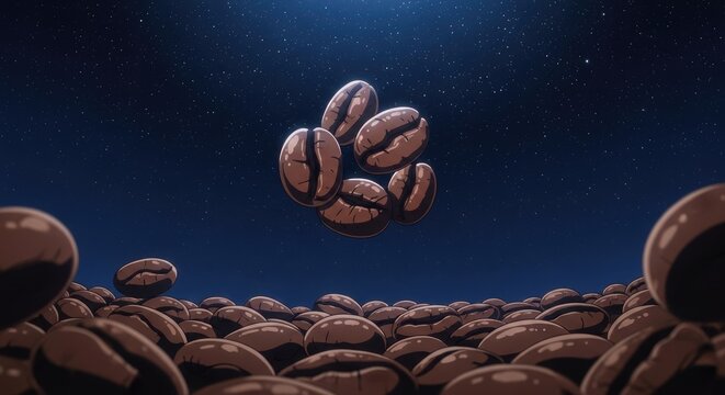 Floating Coffee Beans in a Dark Blue Sky.