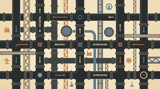 Industrial factory floor plan illustration with pipes and machinery