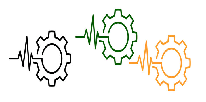 Set of three interconnected gear icons with lightning bolts vector illustration