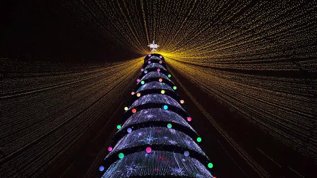 Illuminated christmas tree at night with glowing light strings display.