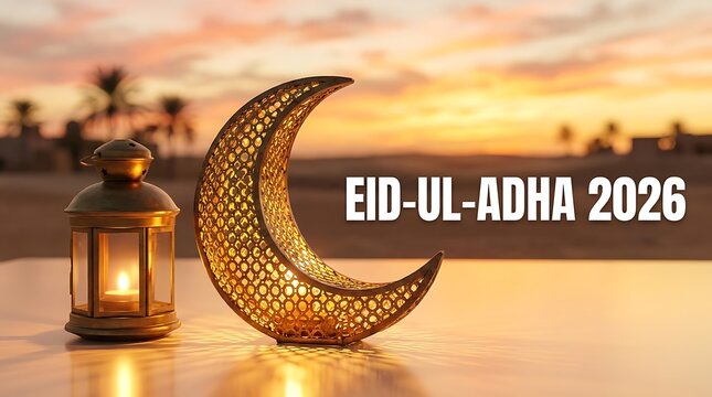 Eid ul adha 2026 celebration with crescent moon and lantern at sunset