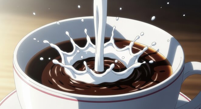 Milk Pouring into Coffee Cup - A Refreshing Morning Drink.