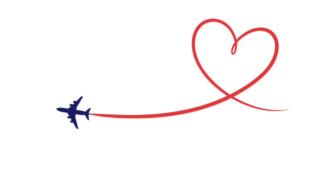 Airplane flying, drawing red heart shape with contrail on white background