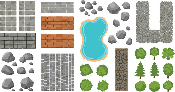 Top down garden landscape design elements with stone paths, brick walls, trees, rocks and pond vector set