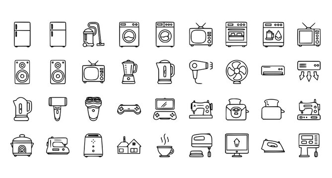 Home appliances outline icons set editable stroke vector collection for kitchen cleaning entertainment and body care
