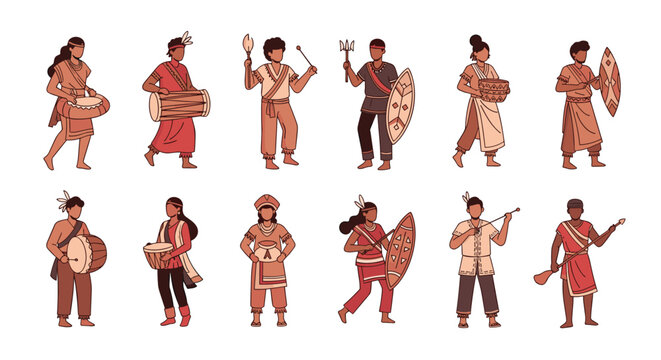 Diverse group of indigenous people in traditional attire are depicted holding shields, spears, and various musical instruments.