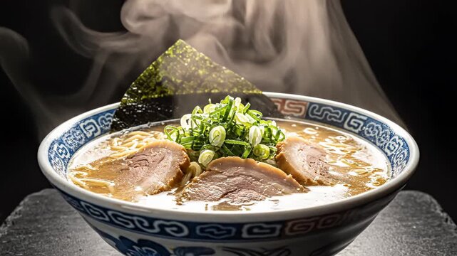 Steaming hot bowl of Japanese ramen noodle soup featuring sliced chashu pork, fresh chopped green onions, and nori seaweed served in a blue patterned ceramic bowl on a dark stone surface.