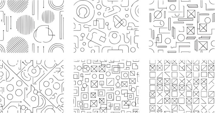Abstract geometric seamless patterns collection with minimal linear shapes memphis style vector backgrounds set