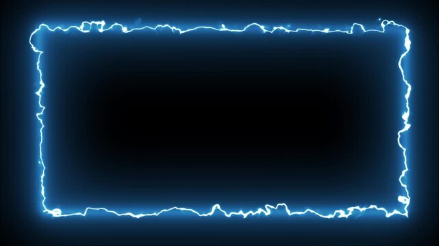 Glowing Blu Lightning Border Animation Creating Rectangular High Voltage Frame. Electric Thunderbolt Energy Neon Glowing Edge Loop Isolated On Solid Black Background. Futuristic Plasma Discharge Frame