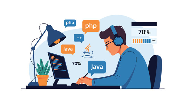 Software developer wearing headphones working at a computer desk surrounded by floating programming icons for Java, PHP, and code.