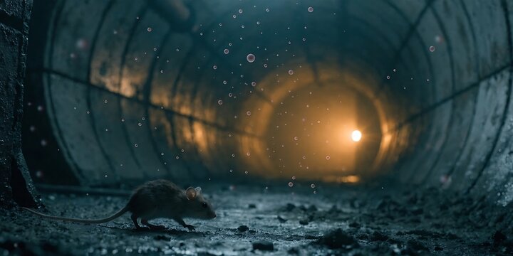 Small rodent exploring inside dark tunnel with light at end