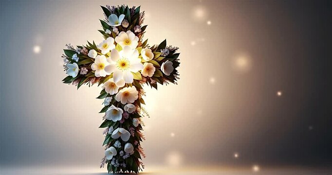 Beautiful Flower Cross with Glowing Particles for Christian Worship Background, Easter Video, Funeral Tribute, Memorial Service, Religious Ceremony, Faith and Hope Concept