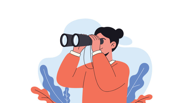 Young woman looking through black binoculars to explore the distance against a background of stylized abstract blue leaves.