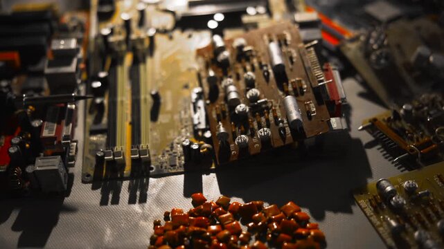 Technician Working On Motherboard With Scattered Capacitors And Textured Surface Creating Shadows . Media