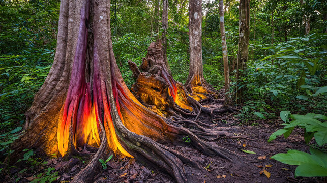 Ancient tree roots glowing beneath a cracked island surface, resembling buried lightning.
