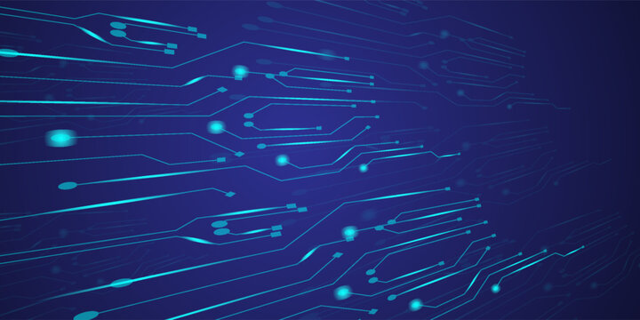 Abstract blue circuit board patterns with glowing lines representing technology and data flow