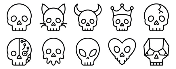 Obraz premium Skull icon set line outline collection for spooky symbols including alien cat cybernetic crowned and horned skulls