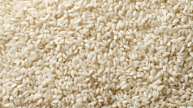 Close up top view of dry white rice grains spread across a flat surface
