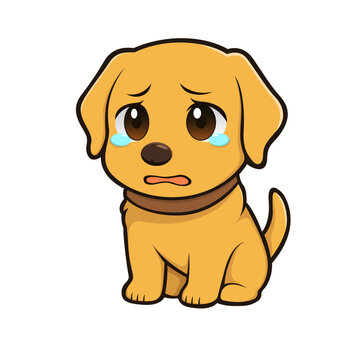 Sad cartoon golden retriever puppy dog sitting with tears, vector illustration