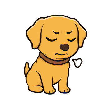 Annoyed cartoon golden retriever puppy dog sitting with closed eyes, vector illustration