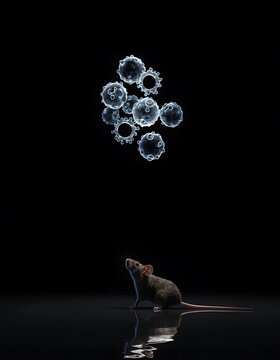 Laboratory mouse under floating virus particles illustration with transparent background
