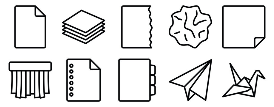 Paper icon set line outline collection for stationery symbols including note stack plane origami and torn sheet elements