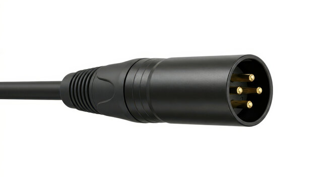 Close-up of a black XLR audio cable connector with three pins against a white background.