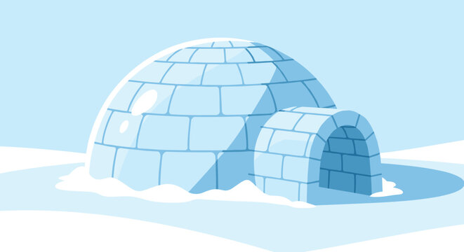 Traditional ice block igloo sits in a snowy landscape under a clear blue sky in this cold winter or arctic themed vector illustration.