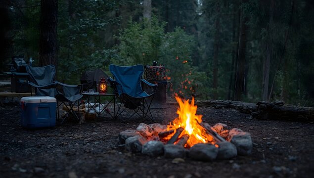 Sitting by the fire at a campsite. A camping scene with 2 lawn chairs, a cooler, table, lantern and a campfire with wood at a campsite.