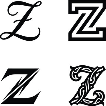 A array of four diverse letter z designs featuring sophisticated calligraphy and bold current typography styles.