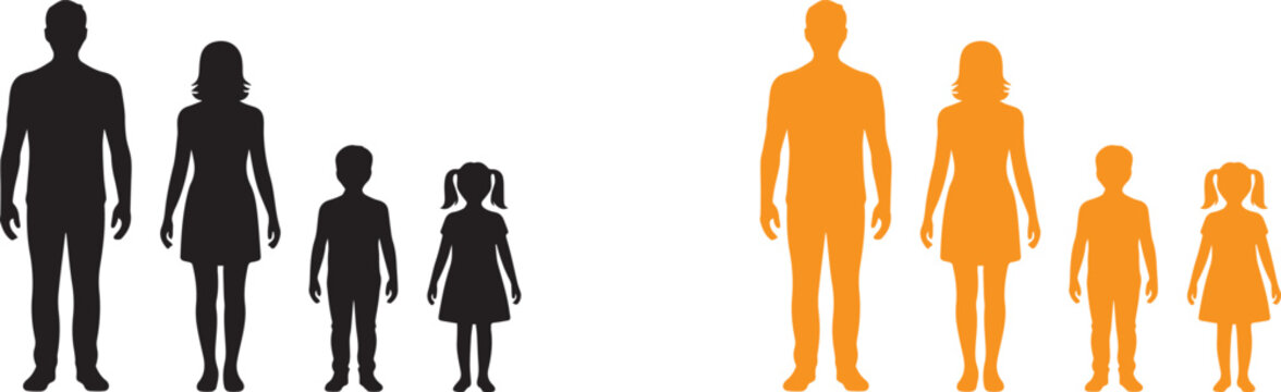 Black and orange silhouettes of five diverse people walking forward