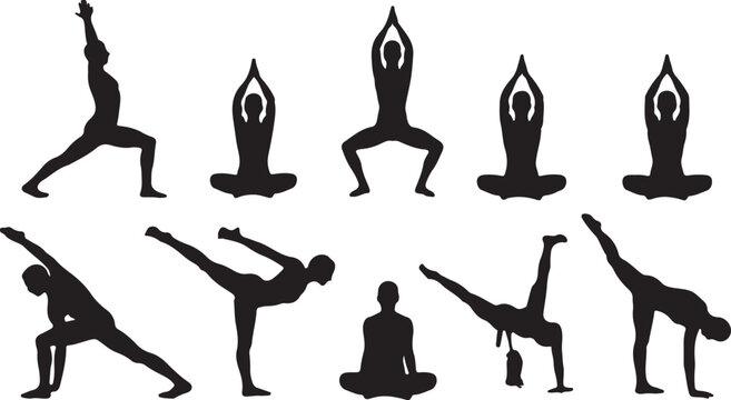 Set of yoga poses silhouettes, collection of various yoga asanas, healthy lifestyle, fitness and meditation