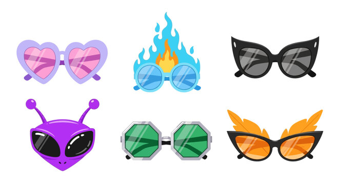 Funky and Colorful Party Sunglasses Vector Illustration Set