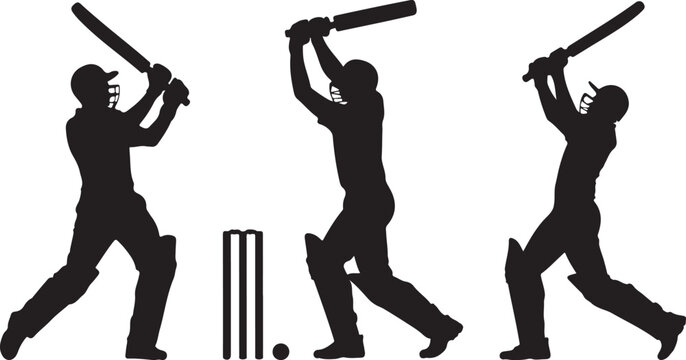 Set of cricket player silhouettes in different batting stances with wickets and ball
