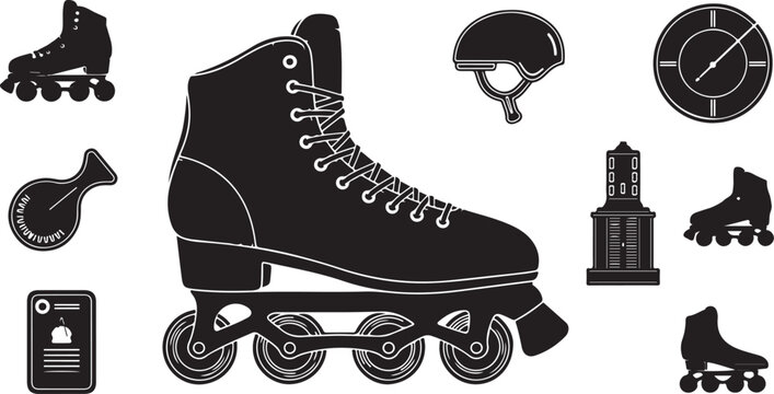 Black and white roller skate icon set collection