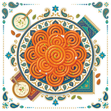 Traditional Indian sweet jalebi served on a decorative plate with rabri and almonds, festive food illustration