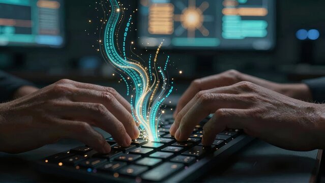 Cyber Security Concept Hands Typing with Glowing Binary Code