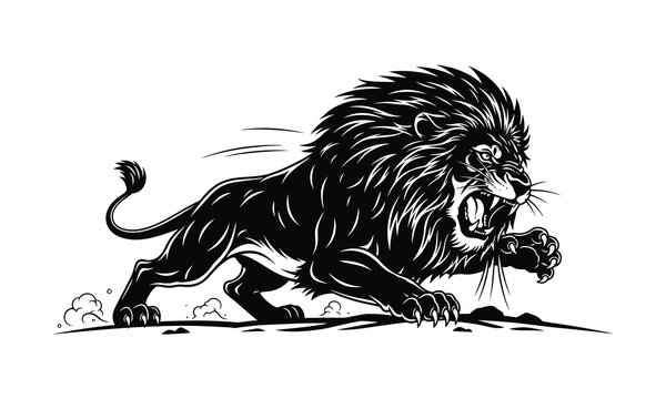 Lion aggressive bite, mane flare silhouette, lion biting vector, fierce lion attack, open mouth lion, expanded mane design, lion jaws snarling, flare mane graphic, lion chomping pose, aggressive preda