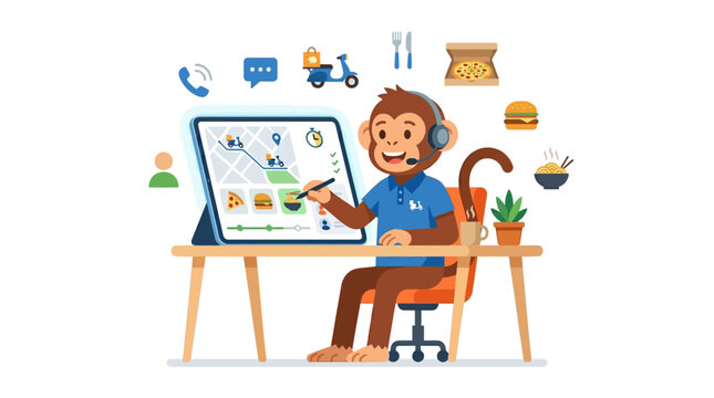 Monkey Working on Digital Tablet with Delivery Icons and Food, Representing Online Ordering and Logistics