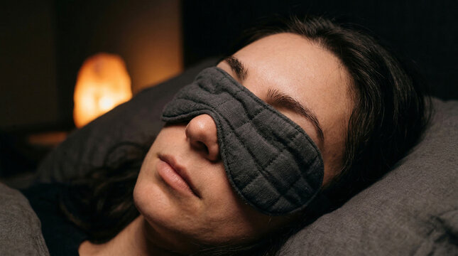Woman relaxing with weighted eye mask on face in dark room for sleep and stress relief