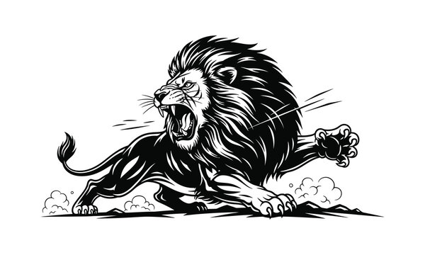 Lion aggressive bite, mane flare silhouette, lion biting vector, fierce lion attack, open mouth lion, expanded mane design, lion jaws snarling, flare mane graphic, lion chomping pose, aggressive preda